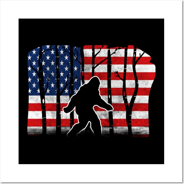 Patriotic Sasquatch Bigfoot American Flag Design Wall Art by TeeShirt_Expressive